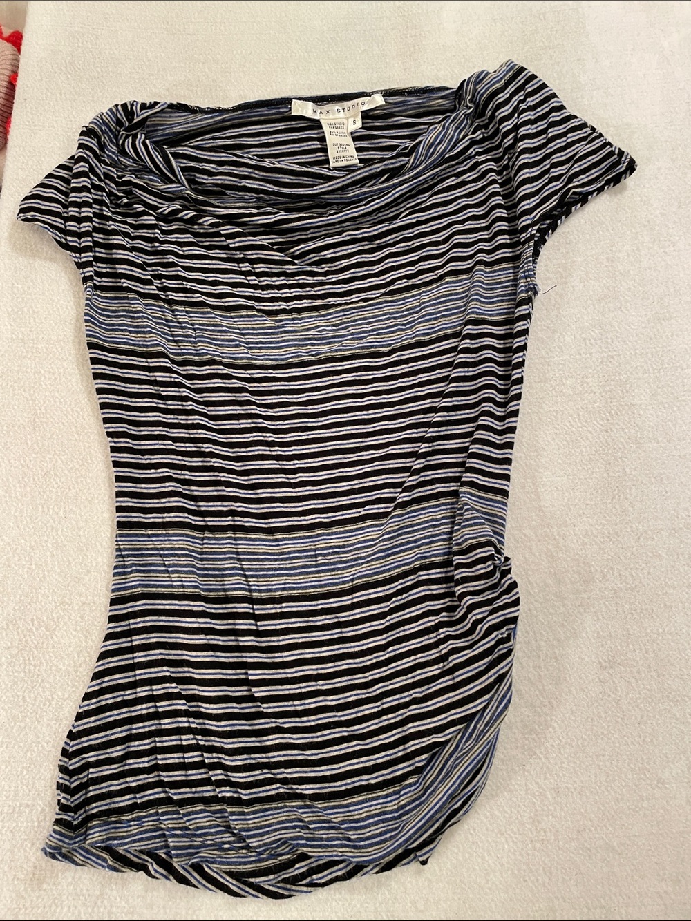 Max Studio Black, White and Blue Striped Short Sleeve Tee - Draped Neck
